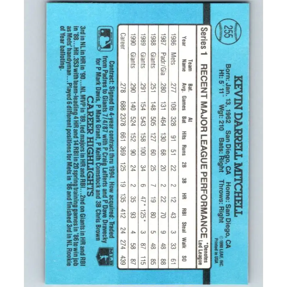 1991 Donruss #255 Kevin Mitchell NM-MT San Francisco Giants Baseball Card - Baseball Card Single