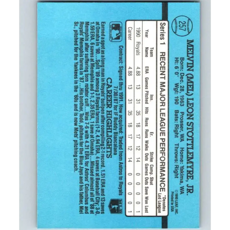1991 Donruss #257 Mel Stottlemyre Jr. NM-MT Kansas City Royals Baseball Card - Baseball Card Single