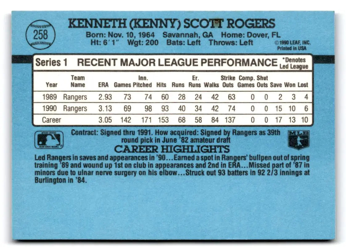 1991 Donruss #258 Kenny Rogers - Baseball Card Single