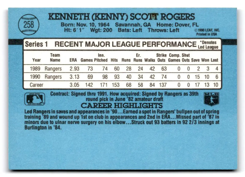 1991 Donruss #258 Kenny Rogers - Baseball Card Single