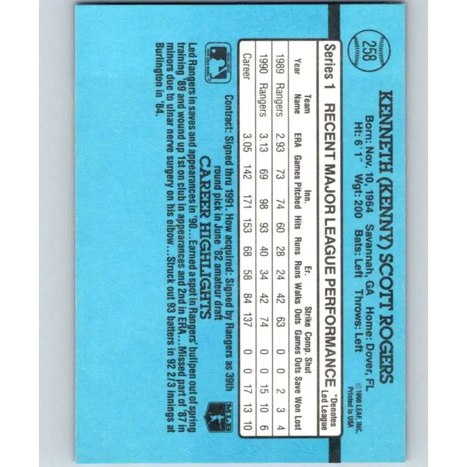 1991 Donruss #258 Kenny Rogers UER NM-MT Texas Rangers Baseball Card - Baseball Card Single