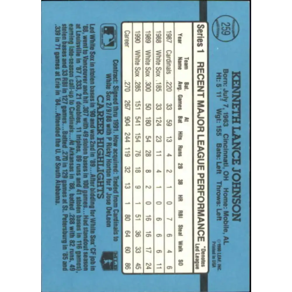 1991 Donruss #259 Lance Johnson NM-MT Chicago White Sox Baseball Card - Baseball Card Single