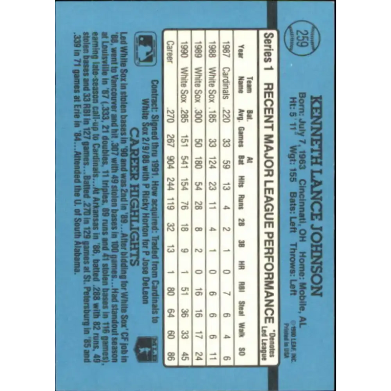 1991 Donruss #259 Lance Johnson NM-MT Chicago White Sox Baseball Card - Baseball Card Single