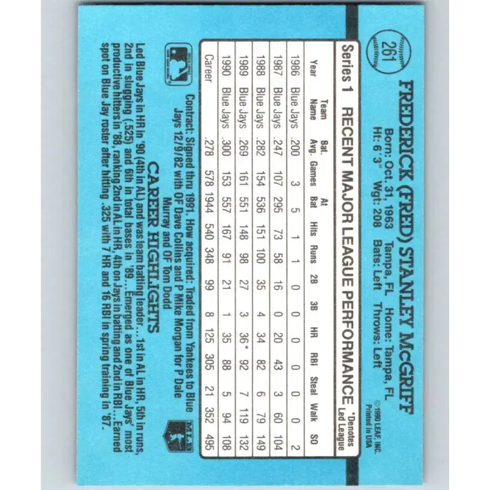 1991 Donruss #261 Fred McGriff NM-MT Toronto Blue Jays Baseball Card - Baseball Card Single