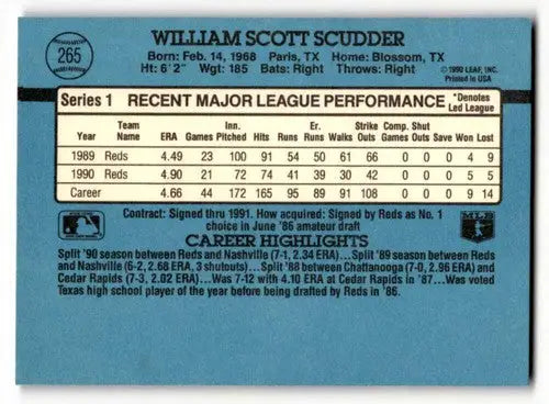 Baseball card back with original gloss for Scott Scudder Cincinnati Reds collectible