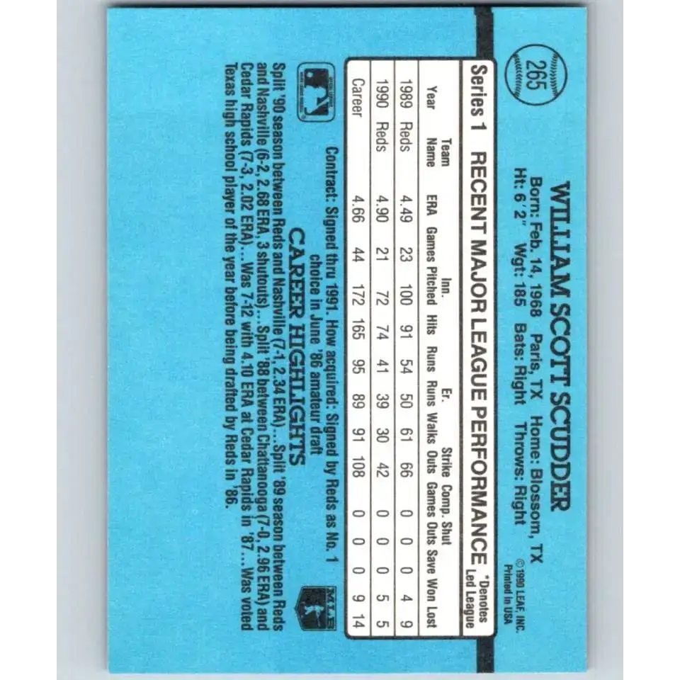 1991 Donruss #265 Scott Scudder NM-MT Cincinnati Reds Baseball Card - Baseball Card Single