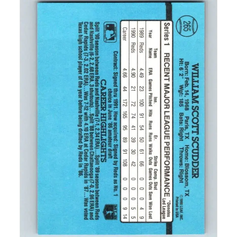 1991 Donruss #265 Scott Scudder NM-MT Cincinnati Reds Baseball Card - Baseball Card Single