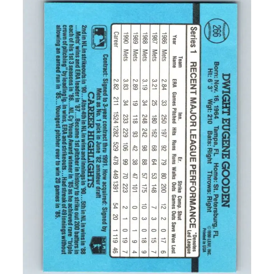 1991 Donruss #266 Dwight Gooden NM-MT New York Mets Baseball Card - Baseball Card Single