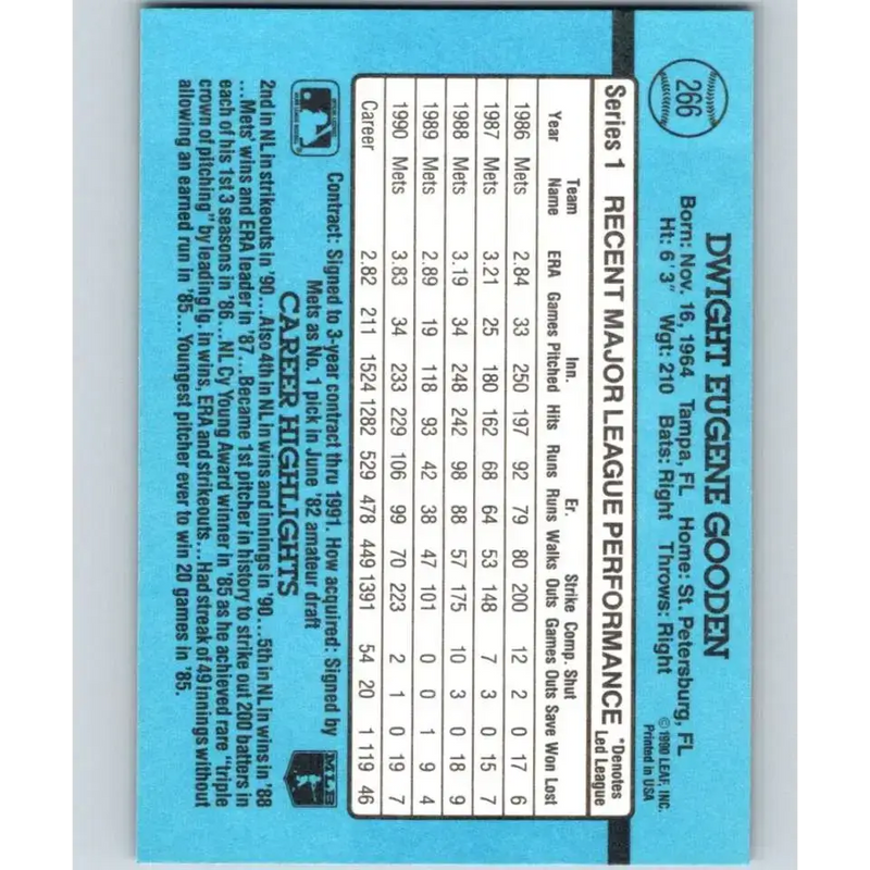 1991 Donruss #266 Dwight Gooden NM-MT New York Mets Baseball Card - Baseball Card Single