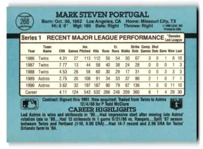 Back of 1991 Donruss #268a Mark Portugal baseball card showcasing player stats