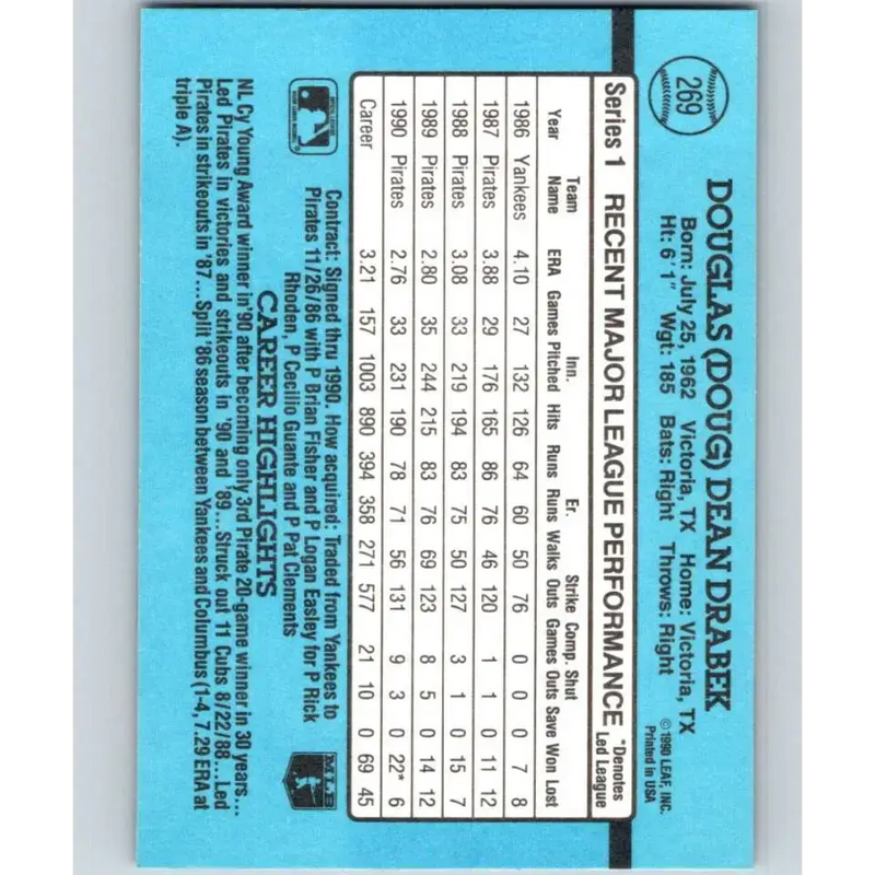 1991 Donruss #269 Doug Drabek NM-MT Pittsburgh Pirates Baseball Card - Baseball Card Single