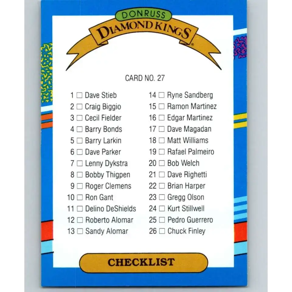 1991 Donruss #27 Checklist 1-27 DK NM-MT Checklist Baseball Card - Baseball Card Single