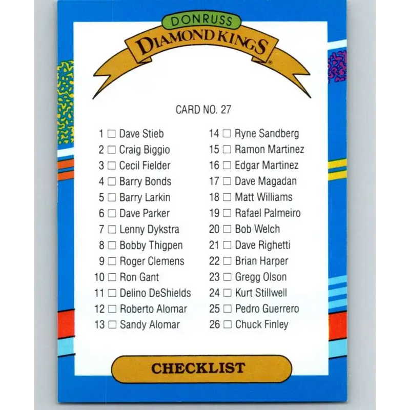 1991 Donruss #27 Checklist 1-27 DK NM-MT Checklist Baseball Card - Baseball Card Single