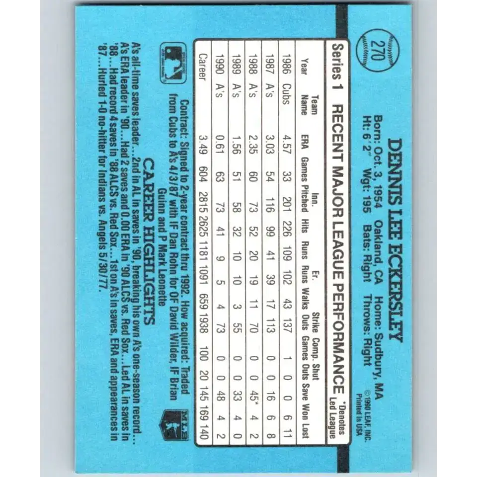 1991 Donruss #270 Dennis Eckersley NM-MT Oakland Athletics Baseball Card - Baseball Card Single