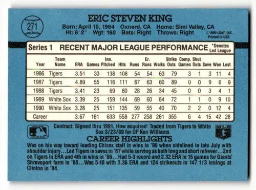 1991 Donruss #271 Eric King Chicago White Sox Baseball Cards EX/NM ID:57732 - Baseball Card Single