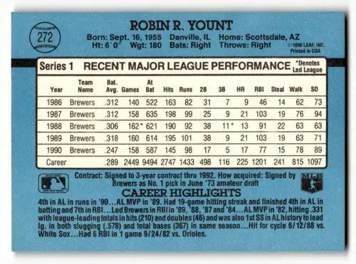 1991 Donruss #272 Robin Yount Milwaukee Brewers Baseball Cards EX/NM ID:57717 - Baseball Card Single
