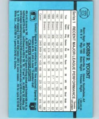 Baseball card back with original gloss from 1991 Donruss Robin Yount Brewers