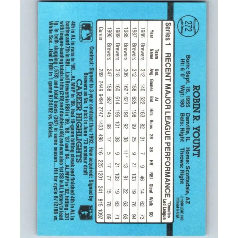 1991 Donruss #272 Robin Yount NM-MT Milwaukee Brewers Baseball Card - Baseball Card Single