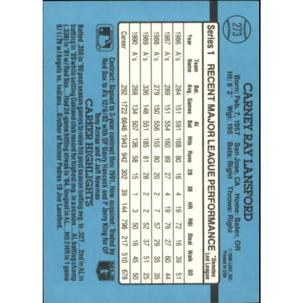 1991 Donruss #273 Carney Lansford NM-MT Oakland Athletics Baseball Card - Baseball Card Single