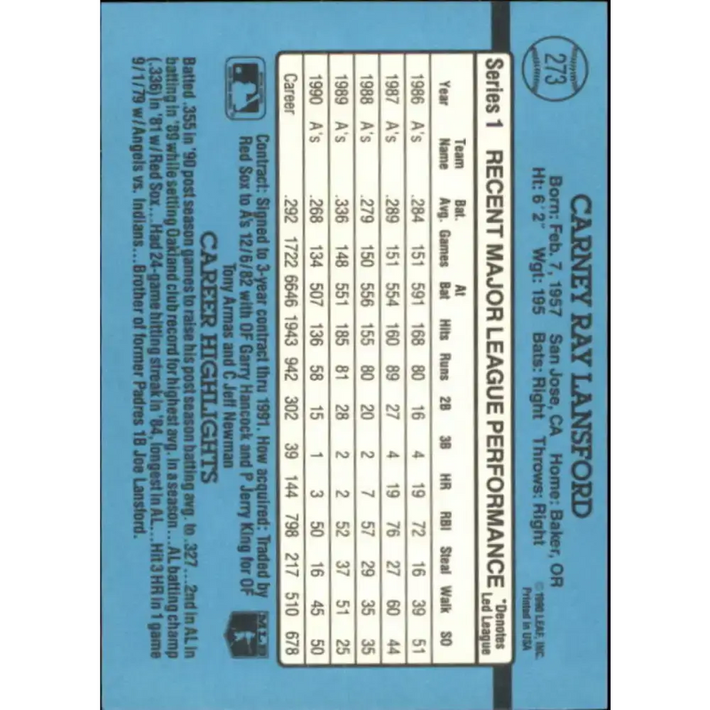 1991 Donruss #273 Carney Lansford NM-MT Oakland Athletics Baseball Card - Baseball Card Single