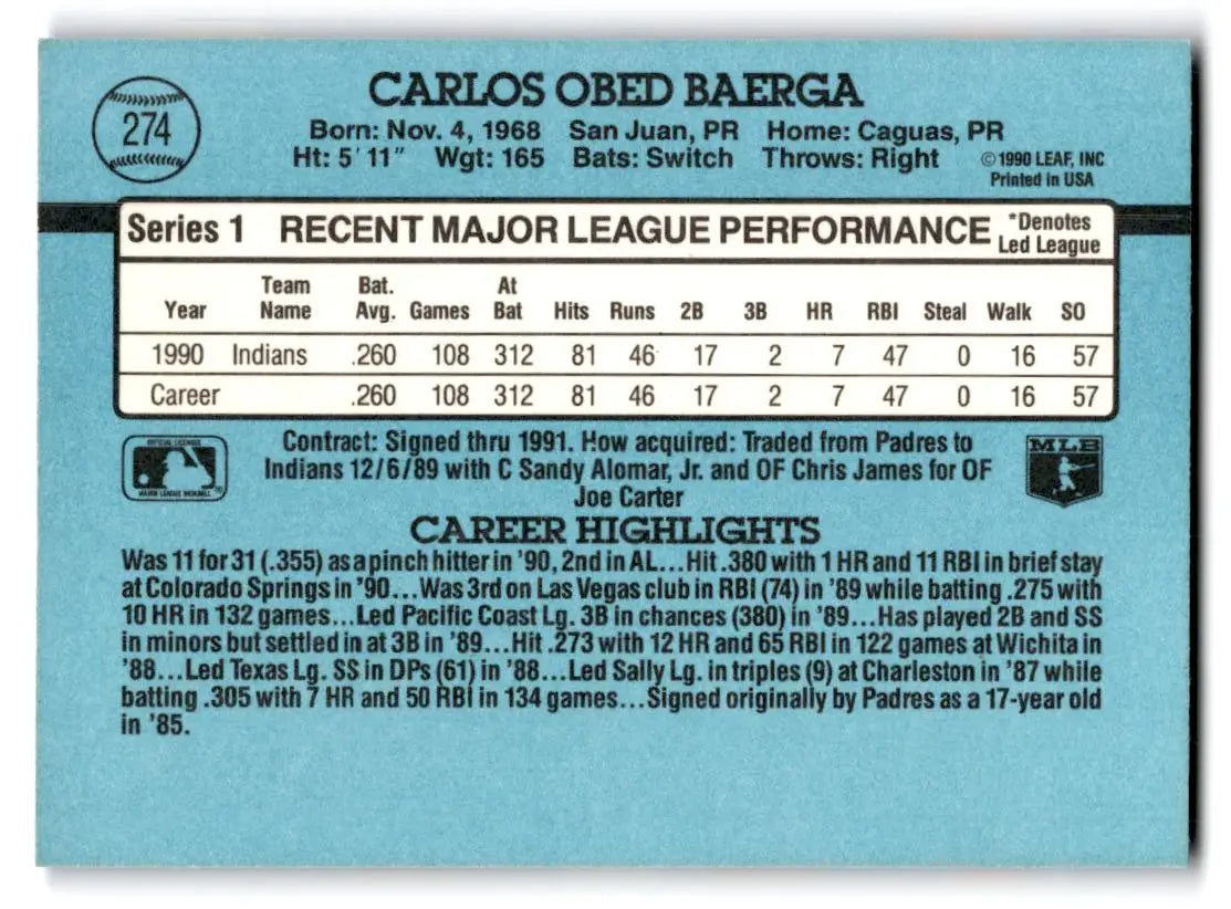 1991 Donruss #274a Carlos Baerga - Baseball Card Single