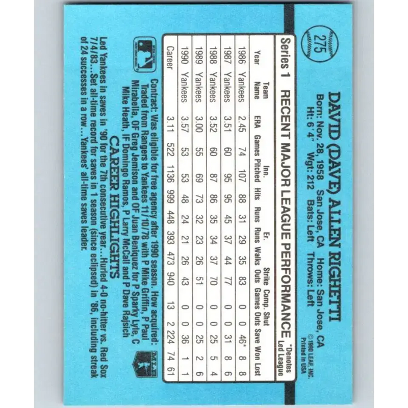 1991 Donruss #275 Dave Righetti NM-MT New York Yankees Baseball Card - Baseball Card Single