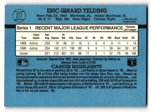 Original gloss Eric Yelding Houston Astros baseball card from 1991 Donruss #277