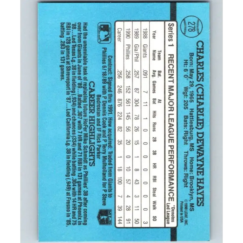 1991 Donruss #278 Charlie Hayes NM-MT Philadelphia Phillies Baseball Card - Baseball Card Single