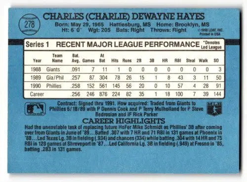 Back of 1991 Donruss Charlie Hayes Philadelphia Phillies baseball card with original gloss