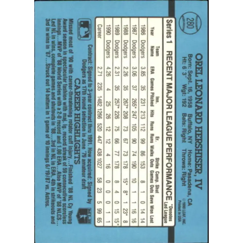 1991 Donruss #280 Orel Hershiser NM-MT Los Angeles Dodgers Baseball Card - Baseball Card Single