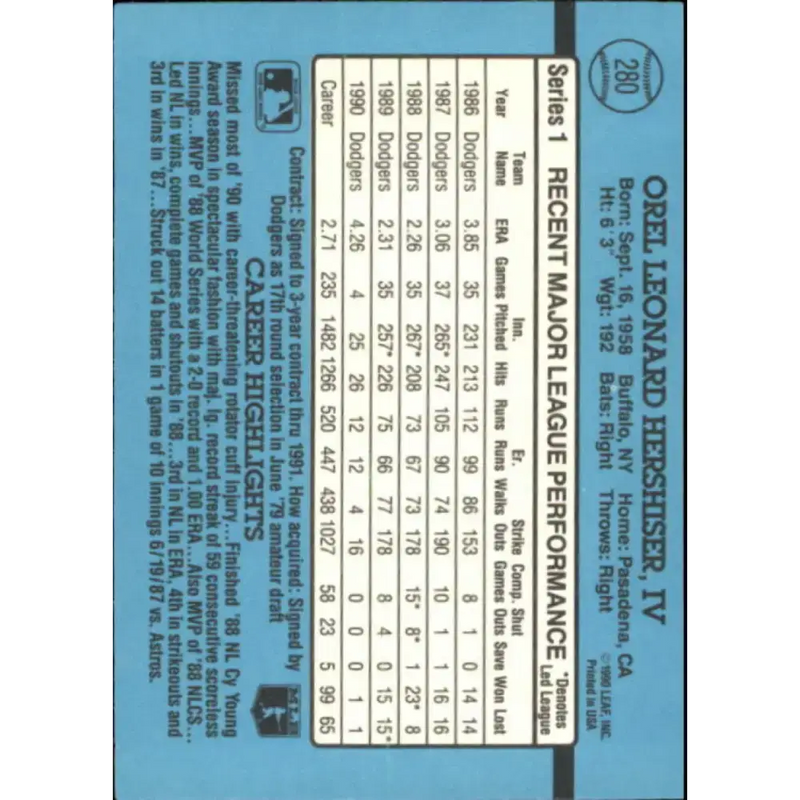 1991 Donruss #280 Orel Hershiser NM-MT Los Angeles Dodgers Baseball Card - Baseball Card Single
