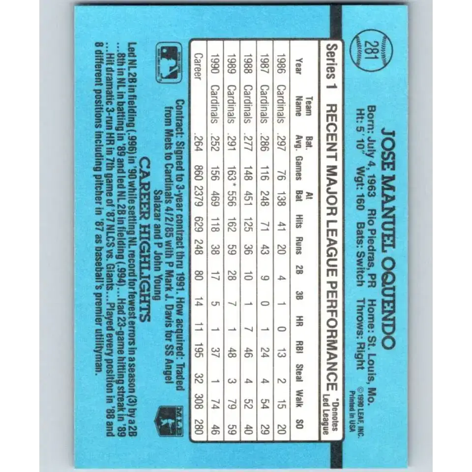 1991 Donruss #281 Jose Oquendo NM-MT St. Louis Cardinals Baseball Card - Baseball Card Single