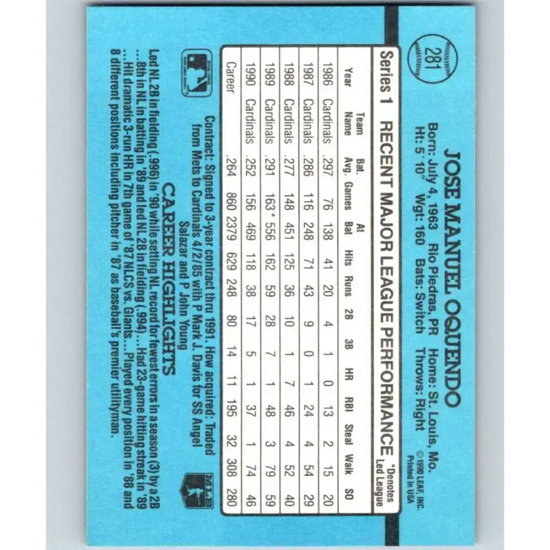 1991 Donruss #281 Jose Oquendo NM-MT St. Louis Cardinals Baseball Card - Baseball Card Single