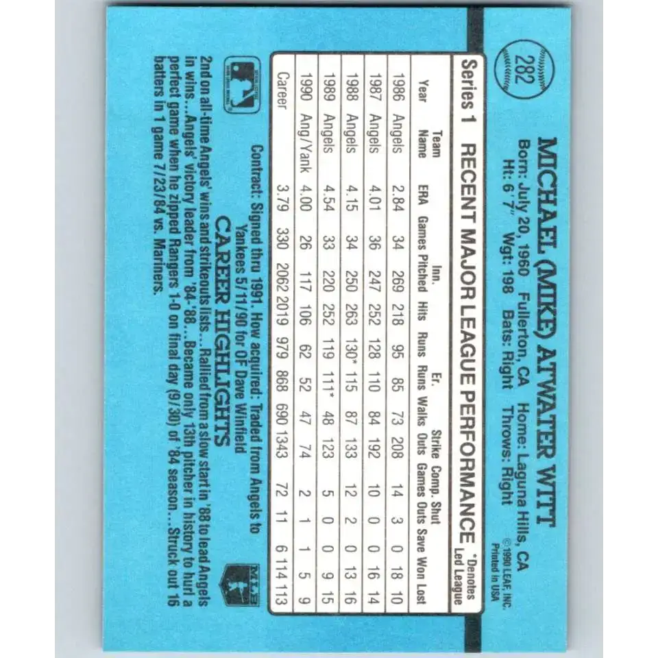 1991 Donruss #282 Mike Witt NM-MT New York Yankees Baseball Card - Baseball Card Single