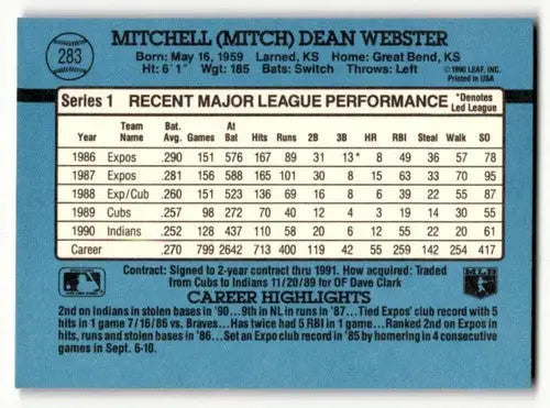 1991 Donruss #283 Mitch Webster Cleveland Indians Baseball Cards EX/ ID:57671 - Baseball Card Single