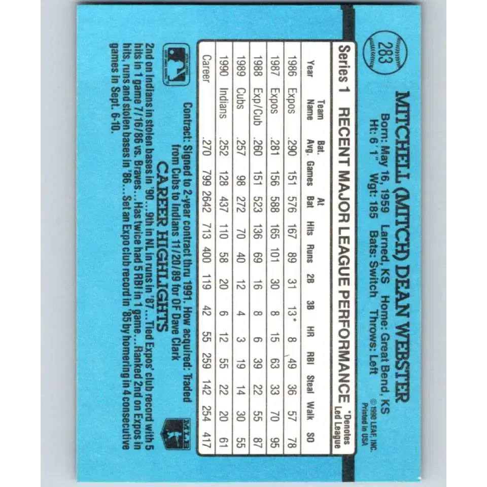 1991 Donruss #283 Mitch Webster NM-MT Cleveland Indians Baseball Card - Baseball Card Single