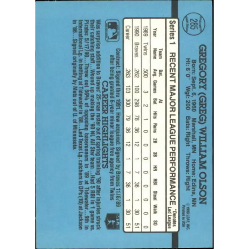 1991 Donruss #285 Greg Olson NM-MT Atlanta Braves Baseball Card - Baseball Card Single