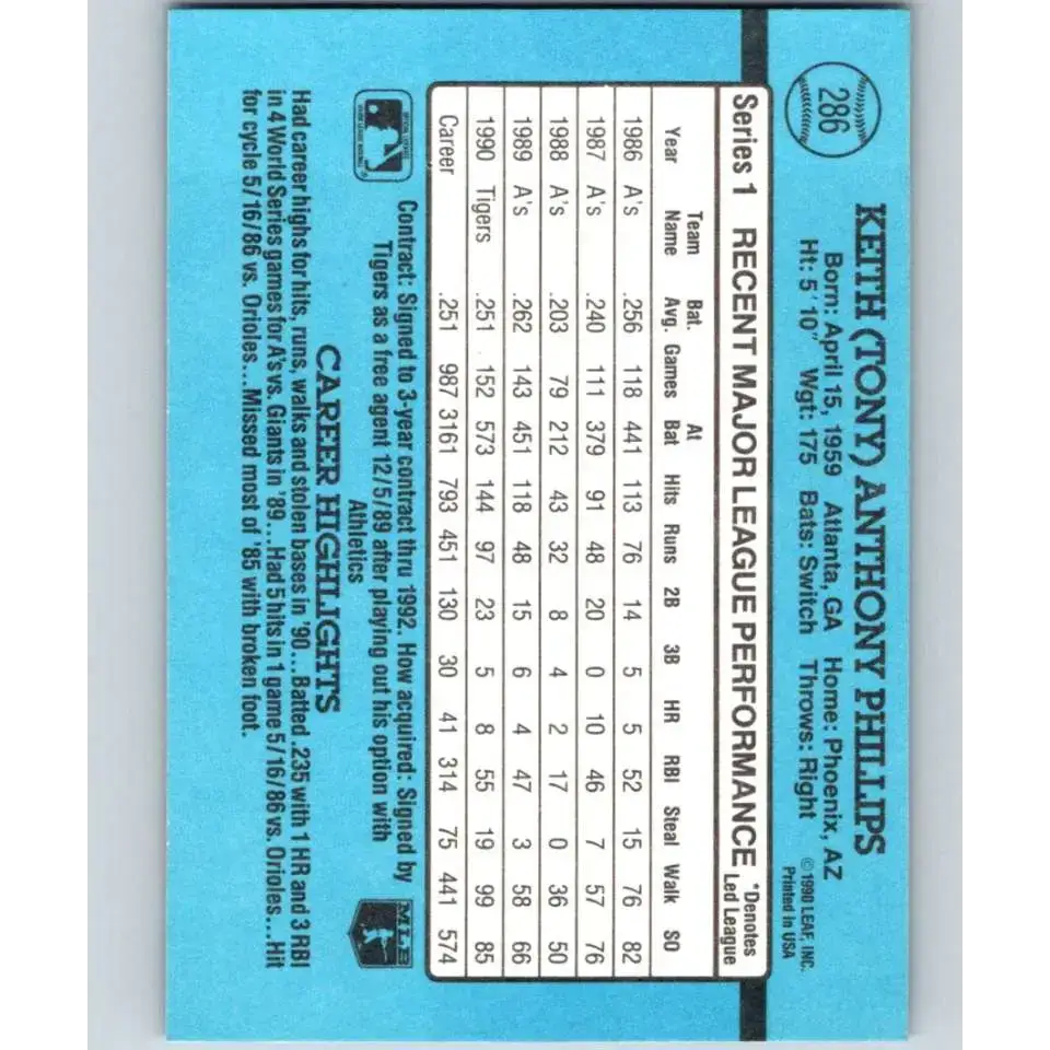 1991 Donruss #286 Tony Phillips UER NM-MT Detroit Tigers Baseball Card - Baseball Card Single