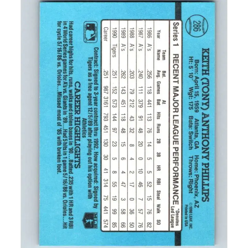 1991 Donruss #286 Tony Phillips UER NM-MT Detroit Tigers Baseball Card - Baseball Card Single