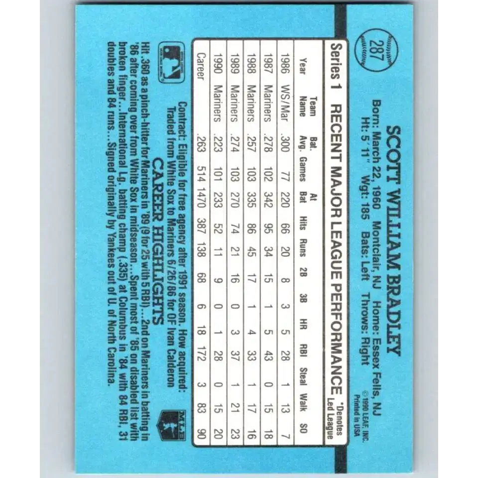 1991 Donruss #287 Scott Bradley NM-MT Seattle Mariners Baseball Card - Baseball Card Single