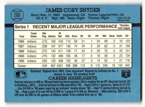 1991 Donruss #288 Cory Snyder Cleveland Indians Baseball Cards EX/NM ID:57690 - Baseball Card Single