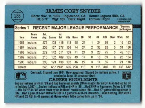 1991 Donruss #288 Cory Snyder Cleveland Indians Baseball Cards EX/NM ID:57702 - Baseball Card Single