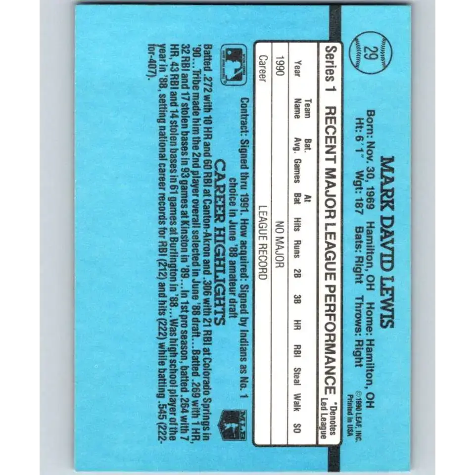 1991 Donruss #29 Mark Lewis RR NM-MT Cleveland Indians Baseball Card - Baseball Card Single