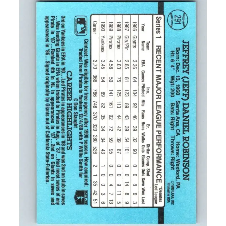 1991 Donruss #291 Jeff Robinson NM-MT New York Yankees Baseball Card - Baseball Card Single