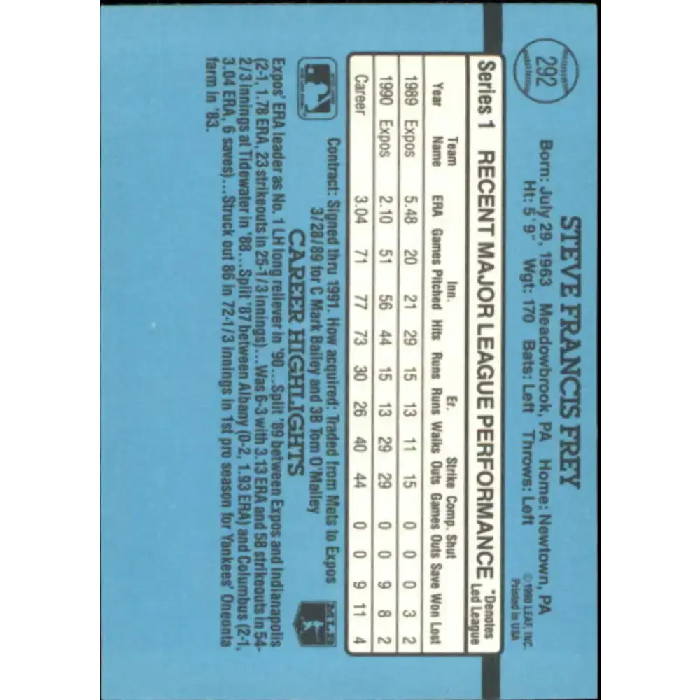 1991 Donruss #292 Steve Frey UER NM-MT Montreal Expos Baseball Card - Baseball Card Single