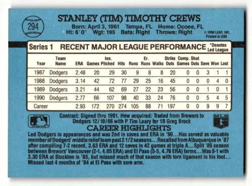 Back of 1991 Donruss Tim Crews Los Angeles Dodgers baseball card with original gloss