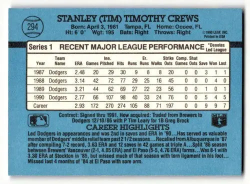 1991 Donruss #294 Tim Crews Los Angeles Dodgers Baseball Cards EX/NM ID:55293 - Baseball Card Single