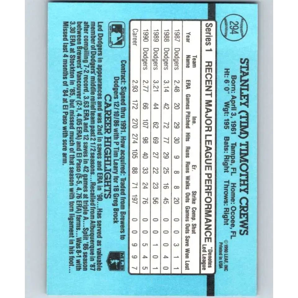 1991 Donruss #294 Tim Crews NM-MT Los Angeles Dodgers Baseball Card - Baseball Card Single