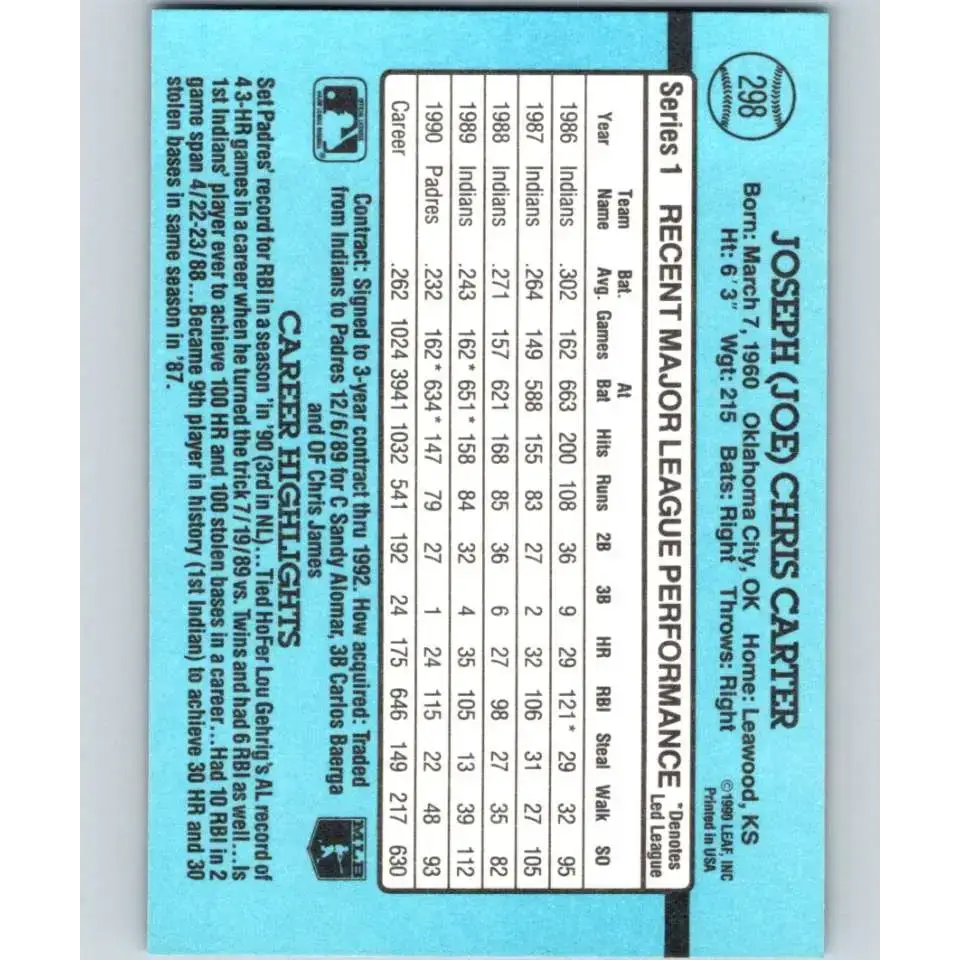 1991 Donruss #298 Joe Carter NM-MT San Diego Padres Baseball Card - Baseball Card Single