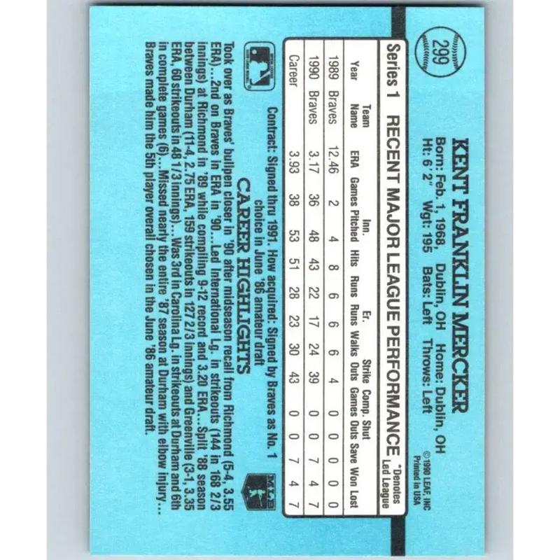 1991 Donruss #299 Kent Mercker UER NM-MT Atlanta Braves Baseball Card - Baseball Card Single